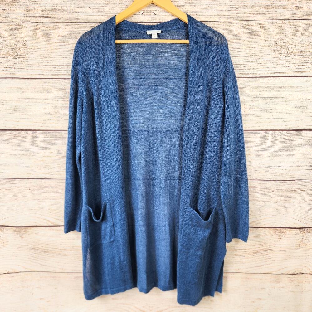 J Jill Long Blue Open Front Cardigan Medium Petite PM Lagenlook Beach Sweater